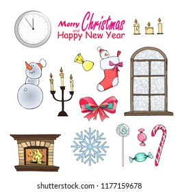Christmas isolated elements on white background for design of greeting cards, posters, napkins, festive paper, textile prints and other works on the theme of the New Year