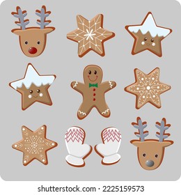 Christmas isolated elements, snowflakes, gingerbread, gloves, deer, stars. Vector set.