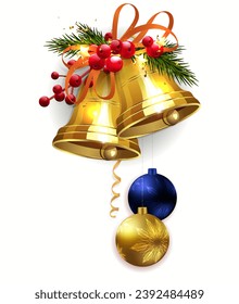 Christmas isolated garland with golden sparkling bells.