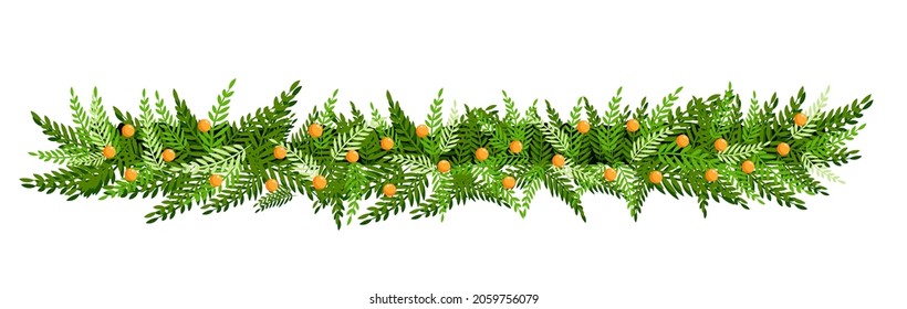 Christmas isolated pine branch for decoration with yellow berries. Vector illustration