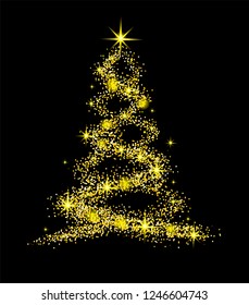 Christmas isolated tree onbalck background with gold bright stars. Symbol of Happy New Year, Merry Christmas holiday celebration. Golden light decoration. 