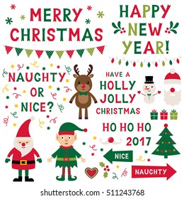 Christmas isolated vector characters (Santa, elf, reindeer) and lettering set, text in hand lettered font