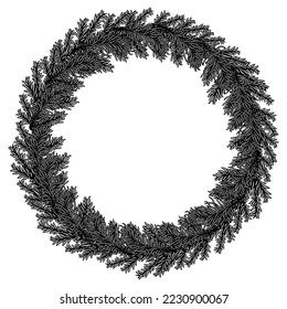 Ilustración vectorial aislada de Navidad dibujo de tinta de la corona festiva de vacaciones redondeadas con ramificación de pino no adornada. Elemento de decoración de invierno con líneas estilizadas