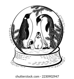 Christmas isolated vector illustration ink drawing of festive snow globe with winter wonderland scenery with North Pole Imperial Penguin. Hand drawn decoration with Christmas tree branches 