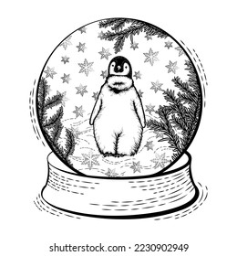 Christmas isolated vector illustration ink drawing of festive snow globe with winter wonderland scenery with North Pole Imperial Penguin. Hand drawn decoration with Christmas tree branches 