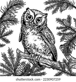 Christmas isolated vector illustration ink drawing of festive winter wonderland scenery with owl. Hand drawn decoration with Christmas tree branches 