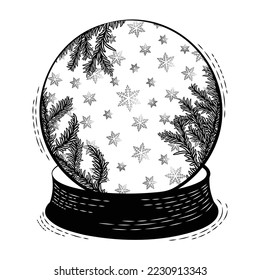 Weihnachten einzelne Vektorgrafik-Zeichnung der festlichen Schneeglobe mit Winterwunderlandschaft mit Schneeflocken. Handgezeichnete detaillierte Landschaft.