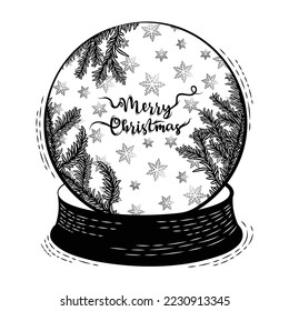 Christmas isolated vector illustration ink drawing of festive snow globe with winter wonderland scenery with snowflakes. Hand drawn detailed landscape and Merry Christmas greeting