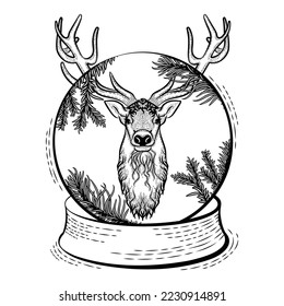 Ilustración vectorial aislada de Navidad dibujo de tinta de la decoración festiva del globo de nieve con el paisaje maravilloso del invierno con ciervos adorables. Decoración dibujada a mano con ramas de árboles de Navidad 