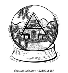 Christmas isolated vector illustration ink drawing of festive decorative snow globe with winter wonderland scenery with mountain wood cabin retreat. Hand drawn decoration with Christmas tree branches 