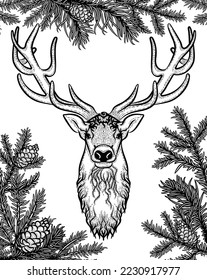 Ilustración vectorial aislada de Navidad dibujo de tintas de festivo paisaje de invierno maravilloso con adorable ciervo. Decoración dibujada a mano con ramas de árboles de Navidad 