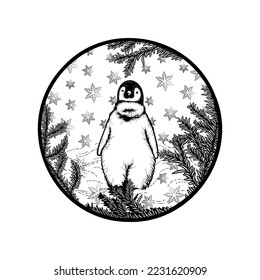 Ilustración vectorial aislada de Navidad dibujo de tinta de globo decorativo festivo con el paisaje maravilloso del invierno con el Pingüino Imperial del Polo Norte. Decoración dibujada a mano con ramas de árboles de Navidad 