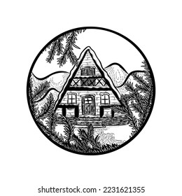 Christmas isolated vector illustration ink drawing of festive decorative globe with winter wonderland scenery with mountain wood cabin retreat. Hand drawn decoration with Christmas tree branches 