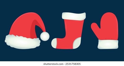 Christmas isolated vector illustration. Set of Christmas illustrative art. Santa hat, hand gloves, Socks.