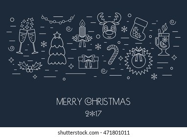 Christmas isolated white concept from linear icons. Flat design. Vector illustration