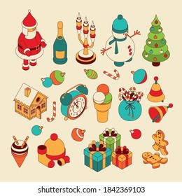 Christmas isometric cute toys. Funny Santa and showmans. Candelabrum and gingerbread house Vector illustration.