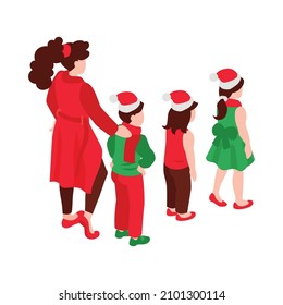 Christmas isometric icon with standing in line woman and children wearing red santa claus hats 3d vector illustration