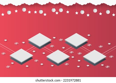 christmas isometric on red paper art abstract background with sky and line design for Merry christmas, poster card, banners, gift card, christmas concept. Vector illustration. paper cut style.