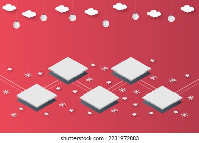 christmas isometric on red paper art abstract background with sky and line design for Merry christmas, poster card, banners, gift card, christmas concept. Vector illustration. paper cut style.