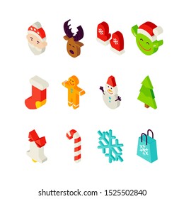 Christmas Isometric Set. Vector Illustration of Happy New Year Isometry Isolated Objects over White. 