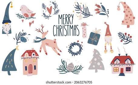 Christmas Items collection. Gifts, Twigs, Deer, Birds, Cute houses, Garlands. Vector cartoon illustration for greeting cards, Christmas invitations and scrapbooking.