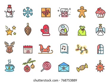 Christmas items collection, snowman and present, sweets and cookie, angel and reindeer, cup of hot tea and window with curtains vector illustration