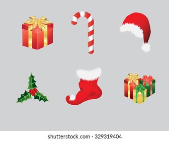 Christmas items consisting of Santa hat, candy cane, presents, stocking and green holly leaf with berries. Vector illustration format. Saved in illustrator version 10. 