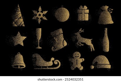 Christmas items covered in dusty glitter. Vector winter holidays decoration. Xmas tree and snowflake, bauble and star, gift and reinder, santa hat and sleigh, bell and gingerbread man, glass and sock