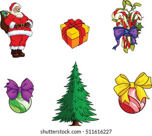 christmas items . Decor mistletoe with candy,  present box,  Santa Claus ,Christmas toy, Christmas tree, candy with mistletoe