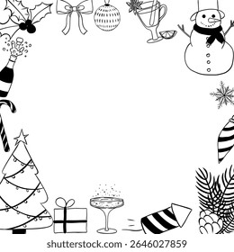 Christmas items Frame square black and white template. Vector graphic line ink illustration. Banner, poster, wrapping paper, sticker, print, modern textile design. For logo, web, package, sticker.
