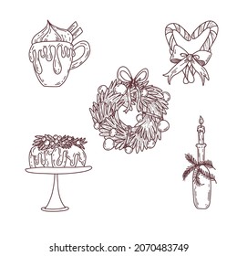 Christmas items: hot chocolate, cocoa with whipped cream and cinnamon,Christmas cupcake with holly berries, a candle in a bottle decorated with fir branches, sweet candy canes tied with a bow