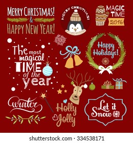 Christmas items. Christmas illustration. Lettering.