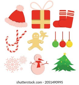 Christmas items, new year decorations and celebrations, cute vector santa and winter icons.