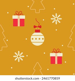 Navidad elementos sobre un fondo amarillo. Caja de regalo, bola de año nuevo, copo de nieve, árbol de navidad. Patrón sin costuras. Estilo plano. Fondo festivo para papel, cubierta, textil, regalo, decoración.