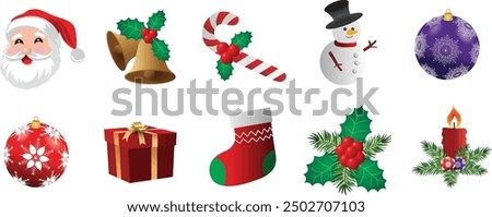 Christmas items are ready. pine leaves, candles, cherries, crystal balls, bells, socks, snowmen, gifts, sticks, Santa Claus. Flat isolated vector illustration on white background.