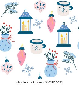 Christmas items seamless pattern. Fir twigs flashlight with candles toys balls and mug. Hygge concept. Perfect for invitations, greeting cards, wallpaper and gift paper. Vector Illustration. 