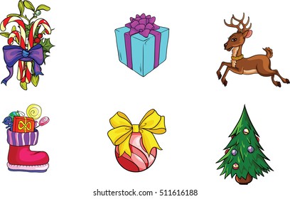 christmas items set . Decor mistletoe with candy,present box, cute deer , gifts inside sock ,Christmas toy , evergreen tree