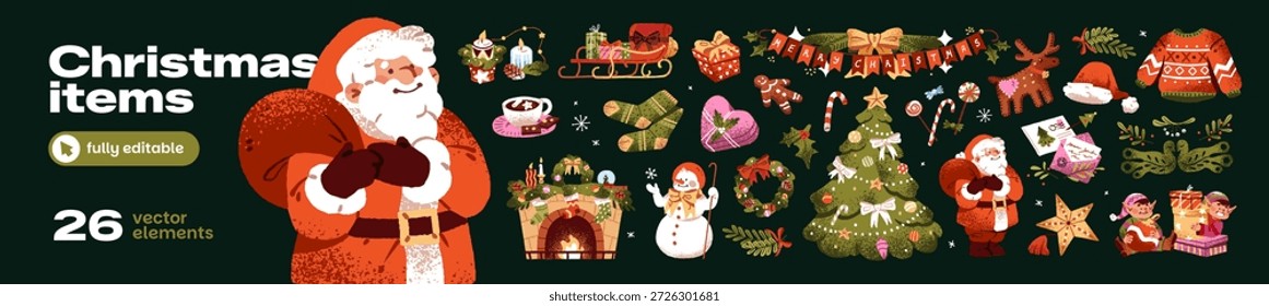 Itens de Natal definidos. Diferentes enfeites de Natal: velas, grinalda, árvore com guirlandas. Elementos de Ano Novo, Papai Noel e elfos bonitos. Decorações de férias de inverno. Ilustrações isoladas planas de vetor