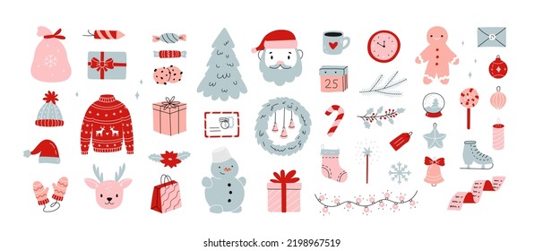 Christmas items set in flat doodle style. New year characters and gifts for postcards, textile, banners, web design, scrapbooking