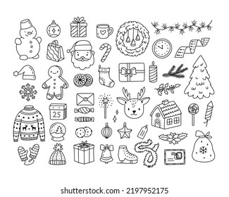 Christmas items set in outline doodle style. Editable stroke. New year characters and gifts for postcards, banners, web design, scrapbooking and other holiday design