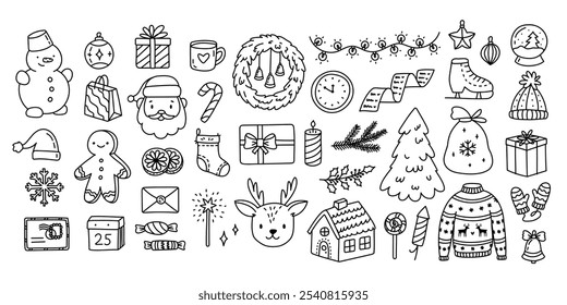 Christmas items set in outline doodle style. Editable stroke. New year characters and gifts for postcards, banners, web design, scrapbooking and other holiday design