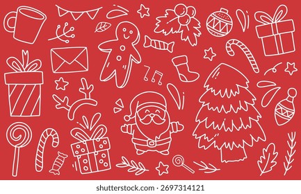 Navidades de elementos establecidos en estilo doodle de esquema. Adecuado para postales, Anuncios, Diseño web, scrapbooking y otros diseños de vacaciones
