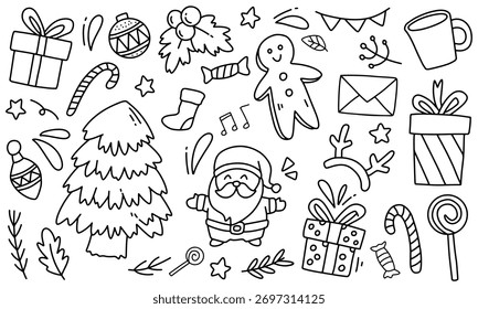 Navidades de elementos establecidos en estilo doodle de esquema. Adecuado para postales, Anuncios, Diseño web, scrapbooking y otros diseños de vacaciones