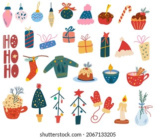 Christmas items set. Christmas Tree, Toys, Gift Boxes, Winter Clothes and Decor. Perfect for greeting cards, Christmas and Happy New Year invitations and scrapbooking. Vector cartoon illustration.