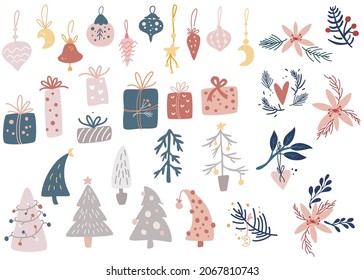 Christmas items set. Christmas Tree, Toys, Gift Boxes, Winter Decor. Perfect for greeting cards, Christmas and Happy New Year invitations and scrapbooking. Vector cartoon illustration.