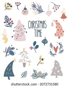 Christmas items set. Winter Decor. Christmas tree, toys, twigs and berries. Perfect for greeting cards, Christmas and Happy New Year invitations and scrapbooking. Vector illustration.