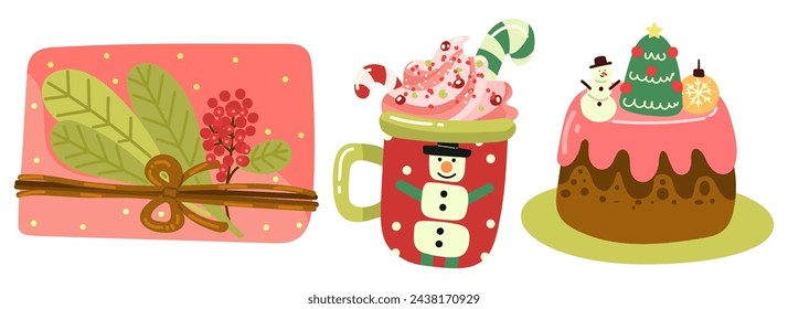 Christmas Items Set. Winter New Year elements. Vector hand draw illustration