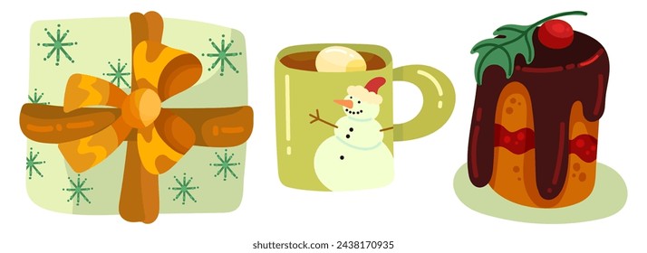 Juego de artículos de Navidad. Elementos de invierno de Año Nuevo. Ilustración de dibujo de mano vectorial