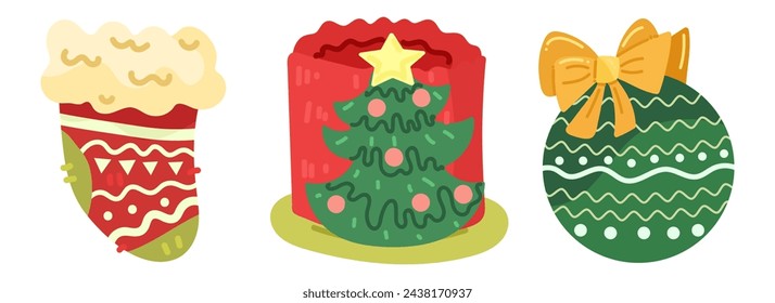 Juego de artículos de Navidad. Elementos de invierno de Año Nuevo. Ilustración de dibujo de mano vectorial