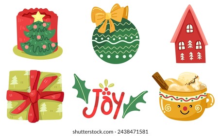 Christmas Items Set. Winter New Year elements. Vector hand draw illustration